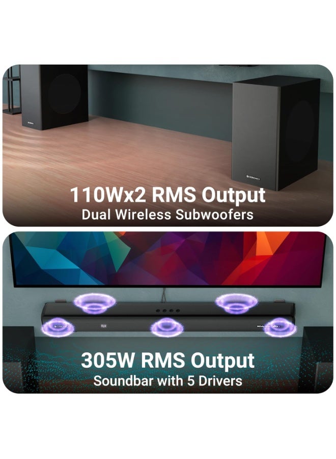 ZEBRONICS Juke BAR 9900 Soundbar, 725 Watts, DTS X, Dolby Atmos, 5.2.4 CH, 2X Wireless (Subwoofer & Satellites), BT v5.3 | HDMI eARC | Optical in | AUX | USB, RGB LED, Wireless UHF Mic, Deep Bass - Image 4